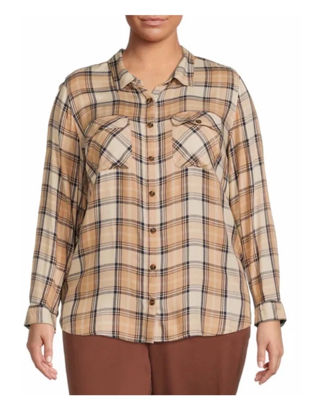 Classic Beige Plaid Button-Down Shirt - Women